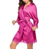 Ekouaer Womens Silk Robe Short Lace Trim Satin Robe 3/4 Sleeve Sexy Kimono Bride Bathrobe Comfy Sleepwear with Pockets(Hot Pink)