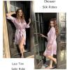 Ekouaer Womens Silk Robe Short Lace Trim Satin Robe 3/4 Sleeve Sexy Kimono Bride Bathrobe Comfy Sleepwear with Pockets(Lavender)