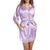 Ekouaer Womens Silk Robe Short Lace Trim Satin Robe 3/4 Sleeve Sexy Kimono Bride Bathrobe Comfy Sleepwear with Pockets(Lavender)