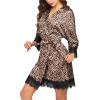 Ekouaer Womens Silk Robe Short Lace Trim Satin Robe 3/4 Sleeve Sexy Kimono Bride Bathrobe Comfy Sleepwear with Pockets(Leopard)