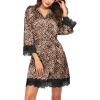 Ekouaer Womens Silk Robe Short Lace Trim Satin Robe 3/4 Sleeve Sexy Kimono Bride Bathrobe Comfy Sleepwear with Pockets(Leopard)