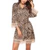 Ekouaer Womens Silk Robe Short Lace Trim Satin Robe 3/4 Sleeve Sexy Kimono Bride Bathrobe Comfy Sleepwear with Pockets(Leopard Apricot)