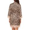 Ekouaer Womens Silk Robe Short Lace Trim Satin Robe 3/4 Sleeve Sexy Kimono Bride Bathrobe Comfy Sleepwear with Pockets(Leopard Apricot)