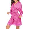 Ekouaer Womens Silk Robe Short Lace Trim Satin Robe 3/4 Sleeve Sexy Kimono Bride Bathrobe Comfy Sleepwear with Pockets(Leopard Pink)