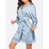 Ekouaer Womens Silk Robe Short Lace Trim Satin Robe 3/4 Sleeve Sexy Kimono Bride Bathrobe Comfy Sleepwear with Pockets(Light Blue)