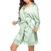 Ekouaer Womens Silk Robe Short Lace Trim Satin Robe 3/4 Sleeve Sexy Kimono Bride Bathrobe Comfy Sleepwear with Pockets(Light Green)