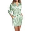 Ekouaer Womens Silk Robe Short Lace Trim Satin Robe 3/4 Sleeve Sexy Kimono Bride Bathrobe Comfy Sleepwear with Pockets(Light Green)