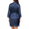Ekouaer Womens Silk Robe Short Lace Trim Satin Robe 3/4 Sleeve Sexy Kimono Bride Bathrobe Comfy Sleepwear with Pockets(Navy Blue)