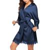 Ekouaer Womens Silk Robe Short Lace Trim Satin Robe 3/4 Sleeve Sexy Kimono Bride Bathrobe Comfy Sleepwear with Pockets(Navy Blue)