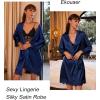 Ekouaer Womens Silk Robe Short Lace Trim Satin Robe 3/4 Sleeve Sexy Kimono Bride Bathrobe Comfy Sleepwear with Pockets(Navy Blue)