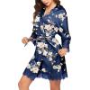 Ekouaer Womens Silk Robe Short Lace Trim Satin Robe 3/4 Sleeve Sexy Kimono Bride Bathrobe Comfy Sleepwear with Pockets(Navy Floral)