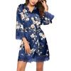 Ekouaer Womens Silk Robe Short Lace Trim Satin Robe 3/4 Sleeve Sexy Kimono Bride Bathrobe Comfy Sleepwear with Pockets(Navy Floral)