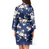 Ekouaer Womens Silk Robe Short Lace Trim Satin Robe 3/4 Sleeve Sexy Kimono Bride Bathrobe Comfy Sleepwear with Pockets(Navy Floral)