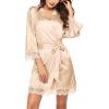 Ekouaer Womens Silk Robe Short Lace Trim Satin Robe 3/4 Sleeve Sexy Kimono Bride Bathrobe Comfy Sleepwear with Pockets(P Apricot)