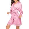Ekouaer Womens Silk Robe Short Lace Trim Satin Robe 3/4 Sleeve Sexy Kimono Bride Bathrobe Comfy Sleepwear with Pockets(Peach Pink)