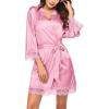 Ekouaer Womens Silk Robe Short Lace Trim Satin Robe 3/4 Sleeve Sexy Kimono Bride Bathrobe Comfy Sleepwear with Pockets(Peach Pink)