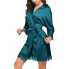 Ekouaer Womens Silk Robe Short Lace Trim Satin Robe 3/4 Sleeve Sexy Kimono Bride Bathrobe Comfy Sleepwear with Pockets(Peacock Blue)