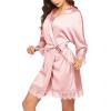Ekouaer Womens Silk Robe Short Lace Trim Satin Robe 3/4 Sleeve Sexy Kimono Bride Bathrobe Comfy Sleepwear with Pockets(Pink)