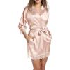Ekouaer Womens Silk Robe Short Lace Trim Satin Robe 3/4 Sleeve Sexy Kimono Bride Bathrobe Comfy Sleepwear with Pockets(Pink Apricot)