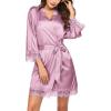 Ekouaer Womens Silk Robe Short Lace Trim Satin Robe 3/4 Sleeve Sexy Kimono Bride Bathrobe Comfy Sleepwear with Pockets(Purple Red)