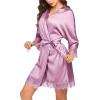 Ekouaer Womens Silk Robe Short Lace Trim Satin Robe 3/4 Sleeve Sexy Kimono Bride Bathrobe Comfy Sleepwear with Pockets(Purple Red)