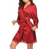Ekouaer Womens Silk Robe Short Lace Trim Satin Robe 3/4 Sleeve Sexy Kimono Bride Bathrobe Comfy Sleepwear with Pockets(Red)