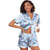 Ekouaer Womens Silk Satin Pajama Sets Soft Short Sleeve Button Down Sleepwear Top and Shorts 2 Piece Pjs Lounge Set(Light Blue-animal)
