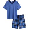 Ekouaer Mens Pajama Set Short Sleeve V Neck 2 Piece Nightwear Shorts With Pockets Summer Sleepwear PJS for Men(Navy Blue+navy Plaid)