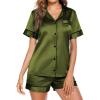 Ekouaer Pajamas for Women Set Silk Satin Pjs Button Down Sleepwear Summer Loungewear Top and Shorts Lounge Set S-XXL(Army Green)