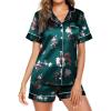 Ekouaer Pajamas for Women Set Silk Satin Pjs Button Down Sleepwear Summer Loungewear Top and Shorts Lounge Set S-XXL(Floral15- Dark Green)