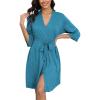 Ekouaer Robes for Women Ribbed Knit Bathrobe Soft Knee Length Kimono Robe 3/4 Sleeve Sleepwear with Pockets S-XXL(Blue Green)