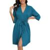 Ekouaer Robes for Women Ribbed Knit Bathrobe Soft Knee Length Kimono Robe 3/4 Sleeve Sleepwear with Pockets S-XXL(Lake Blue)