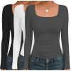 Ekouaer Womens 3 Pack Long Sleeve Shirts Square Neck Basic Tops Fitted Tee Thermal Undershirts XS-XXL(Black/Gray/White)