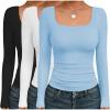 Ekouaer Womens 3 Pack Long Sleeve Shirts Square Neck Basic Tops Fitted Tee Thermal Undershirts XS-XXL(Black/White/Light Blue)