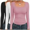 Ekouaer Womens 3 Pack Long Sleeve Shirts Square Neck Basic Tops Fitted Tee Thermal Undershirts XS-XXL(Black/White/Pink)