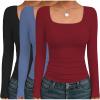 Ekouaer Womens 3 Pack Long Sleeve Shirts Square Neck Basic Tops Fitted Tee Thermal Undershirts XS-XXL(Black/Wine/Haze Blue)
