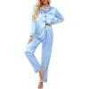 Ekouaer Women’s Classic Button Down Long Satin Silk Pajama Set(Clear Blue)