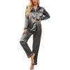 Ekouaer Women’s Classic Button Down Long Satin Silk Pajama Set(Deep Grey)
