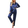 Ekouaer Women’s Classic Button Down Long Satin Silk Pajama Set(Navy Blue)