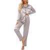 Ekouaer Women’s Classic Button Down Long Satin Silk Pajama Set(Silver)