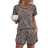 Ekouaer Womens Pajama Sets Short Sleeve Sleepwear Soft Pjs Sets Round Neck Summer 2 Piece Lounge Set with Pockets S-XXL(Brown Leopard Print)