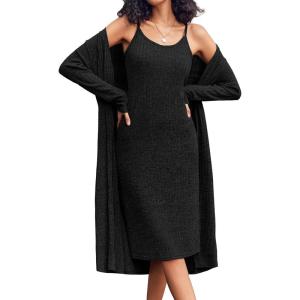 EKOUAER Womens Knit Robe Set 2 Piece Nightgown with Robes Long Sleeves Lounge Sets with Pockets S 3XL(Black)