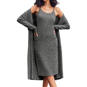 EKOUAER Womens Knit Robe Set 2 Piece Nightgown with Robes Long Sleeves Lounge Sets with Pockets S 3XL(Black Gray)