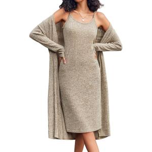 EKOUAER Womens Knit Robe Set 2 Piece Nightgown with Robes Long Sleeves Lounge Sets with Pockets S 3XL(Camel)