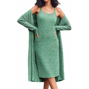 EKOUAER Womens Knit Robe Set 2 Piece Nightgown with Robes Long Sleeves Lounge Sets with Pockets S 3XL(Gray Green)