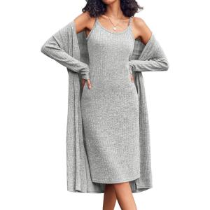 EKOUAER Womens Knit Robe Set 2 Piece Nightgown with Robes Long Sleeves Lounge Sets with Pockets S 3XL(Light Gray)