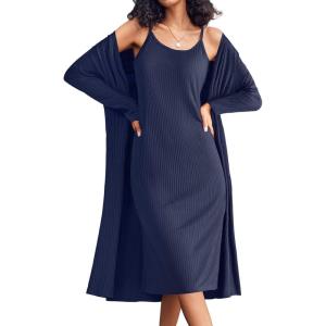 EKOUAER Womens Knit Robe Set 2 Piece Nightgown with Robes Long Sleeves Lounge Sets with Pockets S 3XL(Navy Blue)