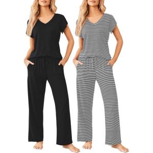 Ekouaer 2 Pack Womens Pajamas Short Sleeve Sleepwear Top with Pants Super-Soft Printed Lounge Sets S-XXL(Black/Black Stripe)