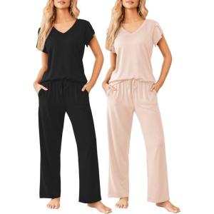 Ekouaer 2 Pack Womens Pajamas Short Sleeve Sleepwear Top with Pants Super-Soft Printed Lounge Sets S-XXL(Black/Champagne)