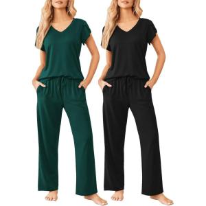 Ekouaer 2 Pack Womens Pajamas Short Sleeve Sleepwear Top with Pants Super-Soft Printed Lounge Sets S-XXL(Black/Dark Green)